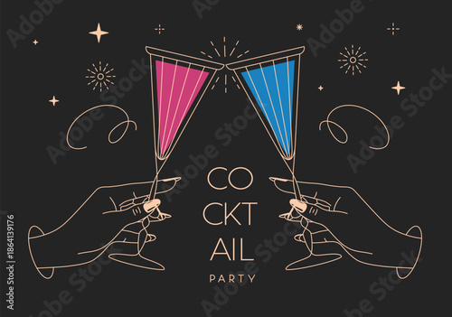 Line art hands with cocktails and firework. Cocktail party. Celebration toast with two cocktail glasses. Vector illustration