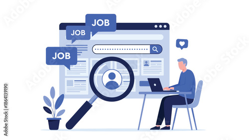 Job Search Scene: Person At Desk Using Laptop Under Large Browser With Job Bubbles