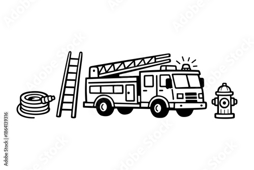 Firefighting equipment icons featuring truck, ladder, hose, and hydrant in linear style