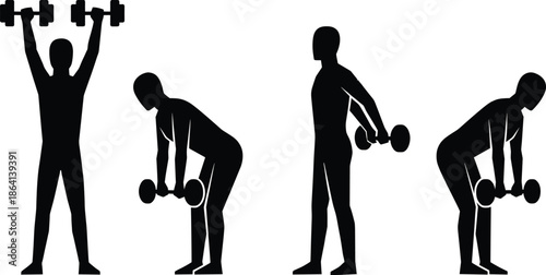 Black Silhouette Collection of Male Athlete Doing Different Strength Training Workouts with Dumbbells for Muscle Building and Fitness Routine Illustration