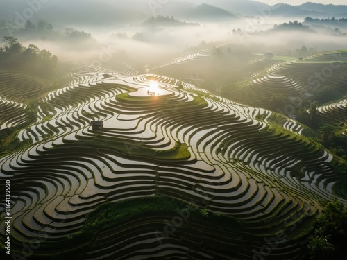 Sunrise illuminates the majestic terraced rice fields creating a serene misty landscape
