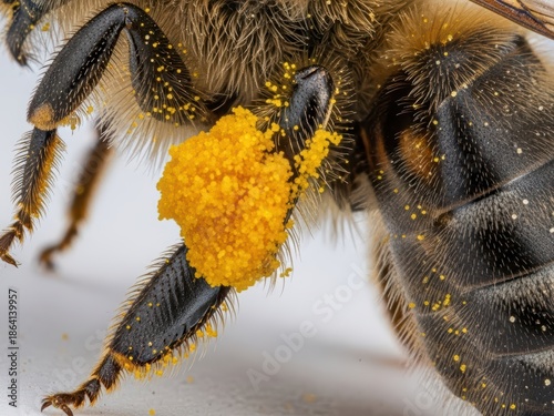 A diligent honey bee carrying a large load of vibrant yellow pollen on its leg