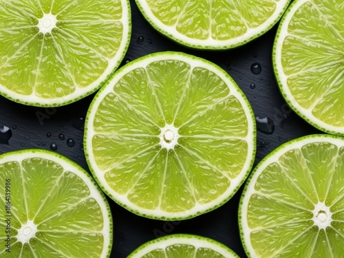 Vibrant green lime slices arranged on a dark background with water droplets, highlighting freshness