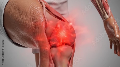 Anatomical illustration of a painful knee with red highlight indicating inflammation or injury.