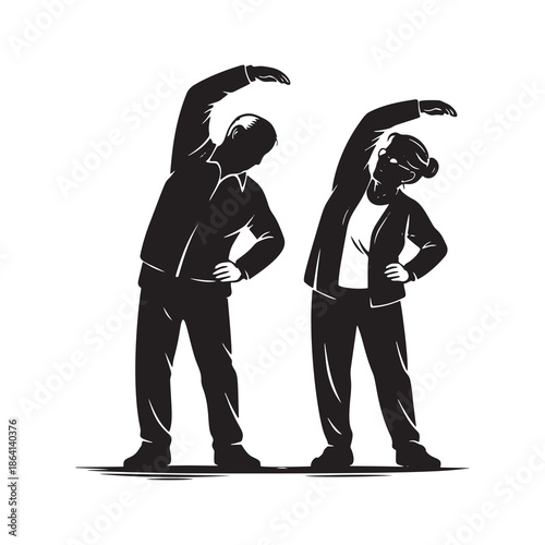 Black and white vector silhouette of a senior couple doing morning gymnastics. Active elderly man and woman exercising together for a healthy retirement.