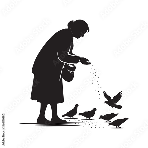 Black and white vector silhouette of an elderly woman feeding pigeons in a park. Heartwarming scene of a senior lady sharing kindness with birds in the city.