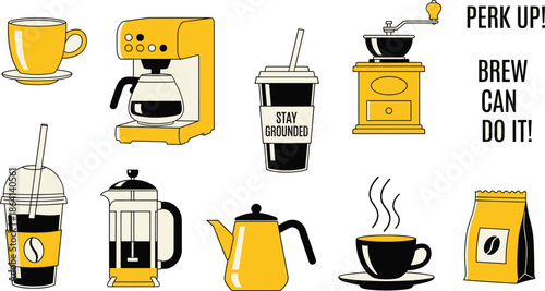 Coffee and Tea Equipment Icon Set with Cups, Makers, Kettles, Grinders, and Typography Elements for Cafe Branding and Beverage Designs