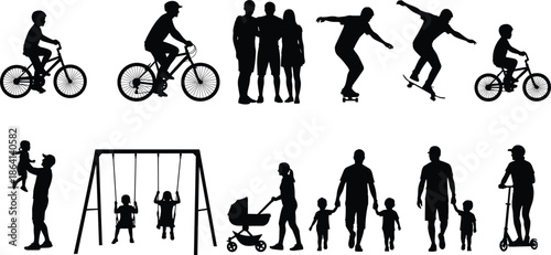 Active family lifestyle silhouettes, parents and children outdoor activities, cycling skateboarding playground moments, modern family life illustration set