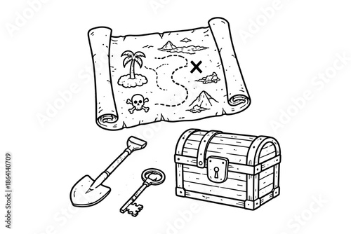 Vintage treasure hunt map with chest, key, and shovel in hand-drawn style