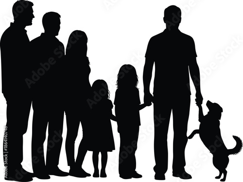 Extended family silhouette with children and dog, togetherness love parenting lifestyle isolated on white background illustration concept design