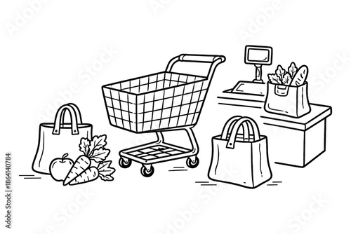 Hand drawn grocery shopping scene with cart and produce on checkout counter