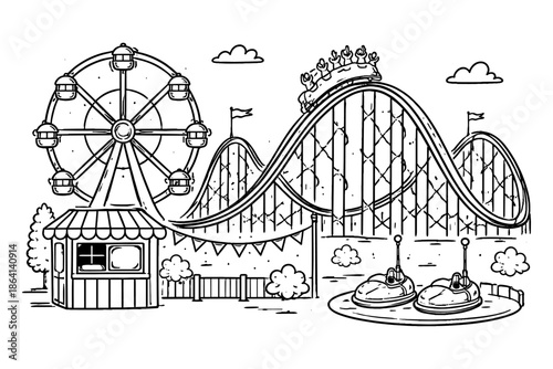 Outline of amusement park with ferris wheel and roller coaster