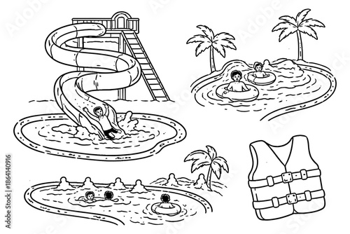 Water park fun: kids enjoying water slides and pools in outline style