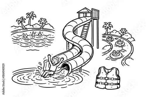 Black and white waterpark adventure with waterslide and lazy river elements