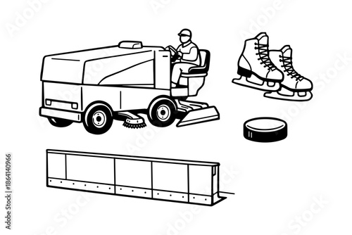 Icon set of hockey rink elements and zamboni in linear style
