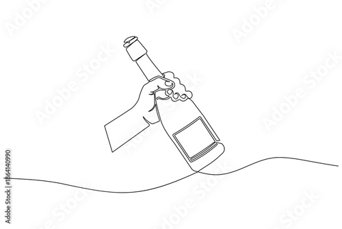Modern champagne bottle continuous line illustration isolated on white