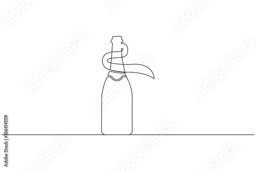 Champagne bottle one line art illustration in minimal continuous line style