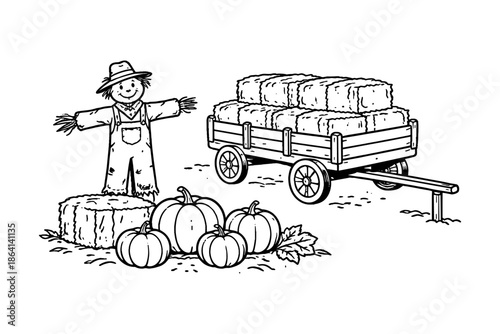 Charming harvest scene with scarecrow and hay bales in black and white