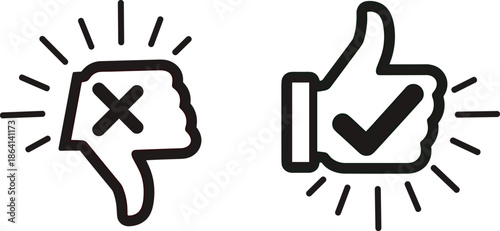 Thumbs Up and Thumbs Down Icons with Checkmark and Cross Symbols in Minimalist Black Line Art for Feedback Review and Approval