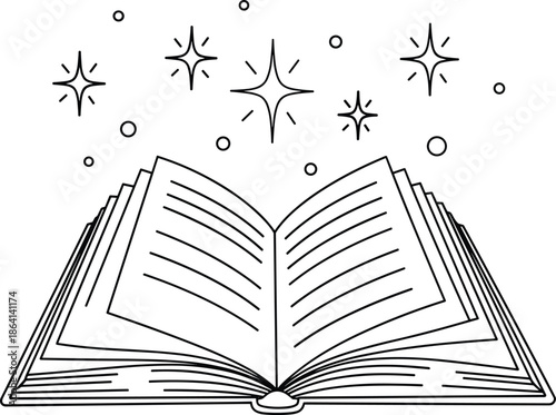 Hand Drawn Open Magic Book Sketch with Sparkling Stars and Glowing Particles in Minimalist Black Line Art Style for Fantasy Storytelling