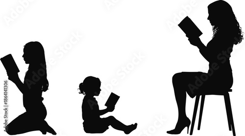 Mother and child reading books silhouette, family education learning habit concept, parent child literacy isolated on white background illustration
