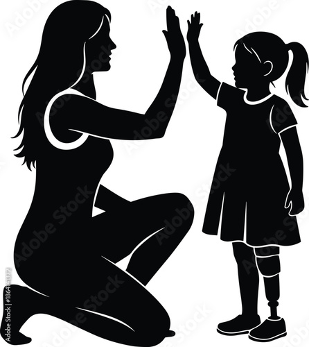 Mother and child high five silhouette, disability inclusion parenting concept, prosthetic leg kid empowerment, love support family illustration