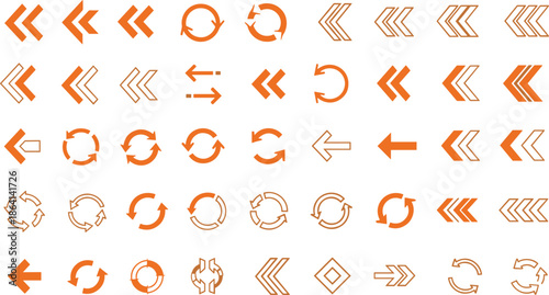 Orange arrow and refresh icon set vector illustration, navigation direction symbols collection, rotate reload pointers, flat minimal design, user interface infographic web elements