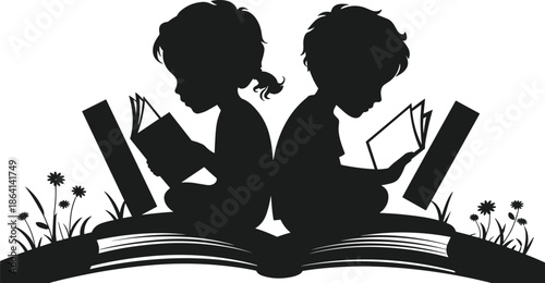 Children reading books silhouette illustration showing education, learning, imagination concept vector art for school library literacy design projects