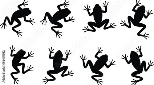 Frog silhouette icon set showing jumping amphibians isolated on white background minimalist vector illustration for wildlife nature symbol design