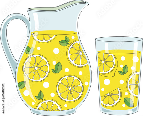 Fresh lemonade in glass pitcher and cup with lemon slices summer drink vector illustration