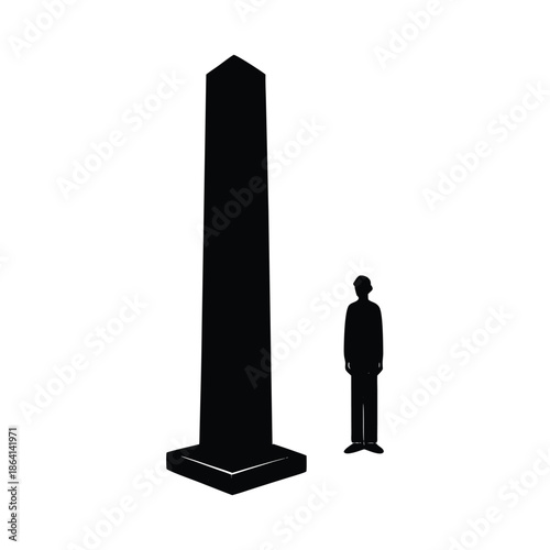 Black silhouette of a person standing near monument next to a tall obelisk black and white