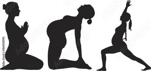 Pregnant woman yoga silhouette poses, prenatal fitness wellness exercise meditation isolated on white background motherhood health illustration concept