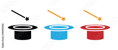 Magic Hat and Wand Icon Set – Wizard, Illusion and Magic Show Collection