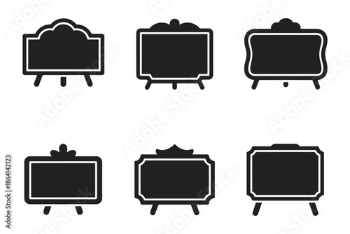 Vintage Style Advertising Chalkboard Signboards, six black silhouette designs for restaurant menus, café signage, retail promotions, branding displays, and classic typography layouts.