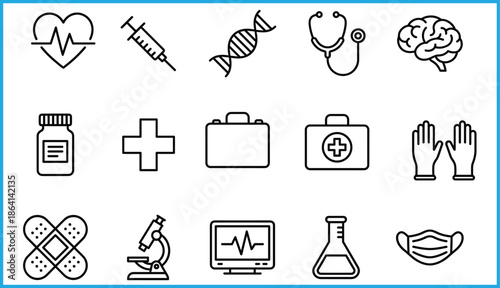 Set of 16 black line icons for medical and healthcare themes including heart, syringe, DNA, and stethoscope for vector illustration content
