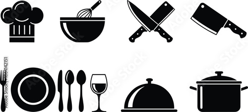 Kitchen and Cooking Icon Set with Chef Hat, Knives, Cookware, Tableware, and Restaurant Symbols Solid Vector Illustration