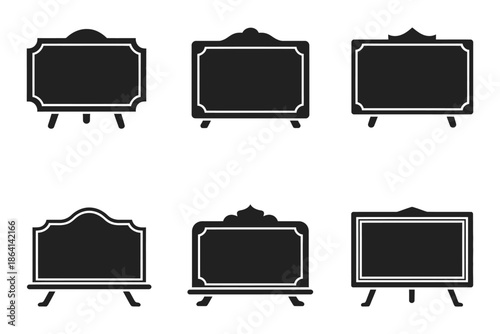 Vintage Style Advertising Chalkboard Signboards, six black silhouette designs for restaurant menus, café signage, retail promotions, branding displays, and classic typography layouts.