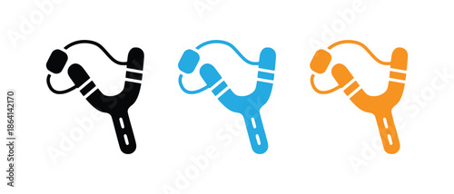 Set of colorful slingshot icons and wooden catapult symbols isolated on white background