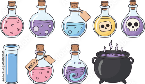 Magic Potion Bottles and Witch Cauldron Collection with Cute Fantasy Alchemy Elements Flat Vector
 Illustration for Halloween and Game Designs
