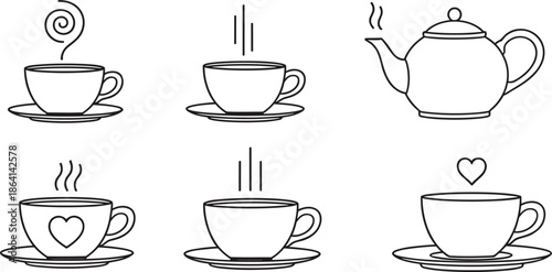 Minimal Tea Cup and Teapot Line Art Set with Steam and Heart Details for Cafe Logos, Menu Design, Packaging, and Beverage Branding