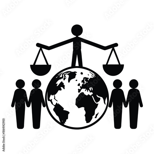 Global Justice Symbol With People And Scales Of Justice globe earth