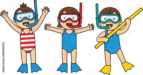 Happy kids snorkeling with masks fins and swimwear summer beach activity cartoon vector illustration