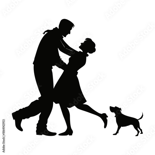 Silhouette of couple dancing with dog