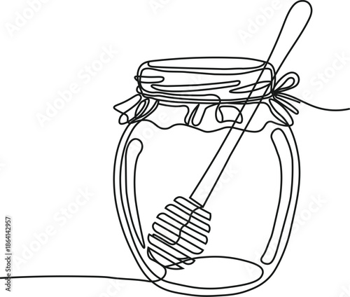Continuous line drawing of honey jar with a dipper inside