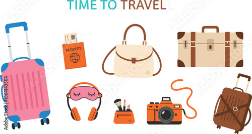 Time to Travel Illustration Set with Suitcase, Bags, Passport, Camera, Headphones,
 and Vacation Accessories Flat Vector Design