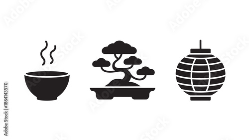 Japanese Tea Set with Bonsai Tree and Lantern in Minimalist Silhouette with Soft Black and White Color on Simple Background for Cultural Decor