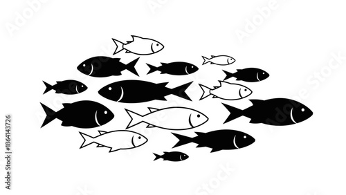 Dynamic school of black and white fish silhouettes swimming together in cohesion on an isolated white background.