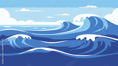 Dynamic blue ocean waves crashing under a cloudy sky, natural seascape background