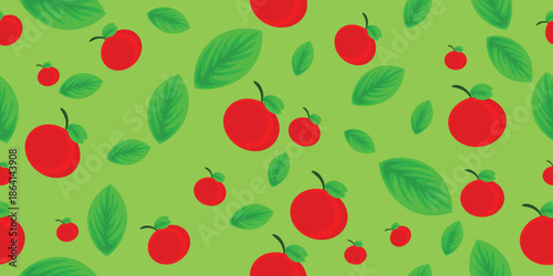 Tomato and Leaves: A vibrant and refreshing pattern of ripe tomatoes and lush green leaves creating a delightful and appetizing visual texture. 