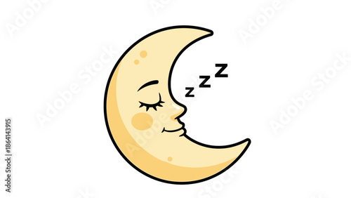 Cute Cartoon Sleeping Crescent Moon Character with Zzz, Peaceful Night on Isolated White Background